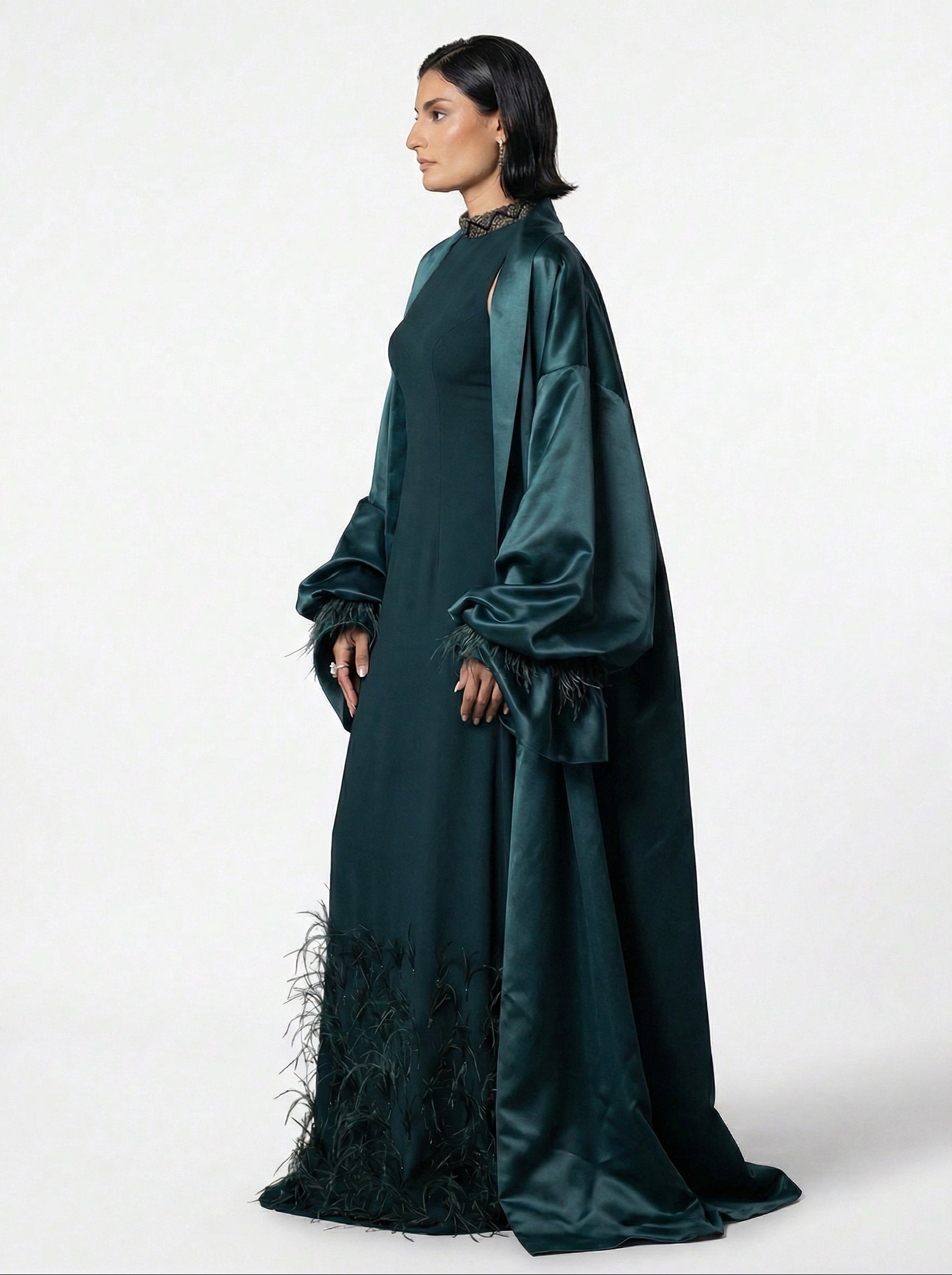 Majestique Emerald Feather Set detail by MOOEi — Luxury Evening Wear Dubai