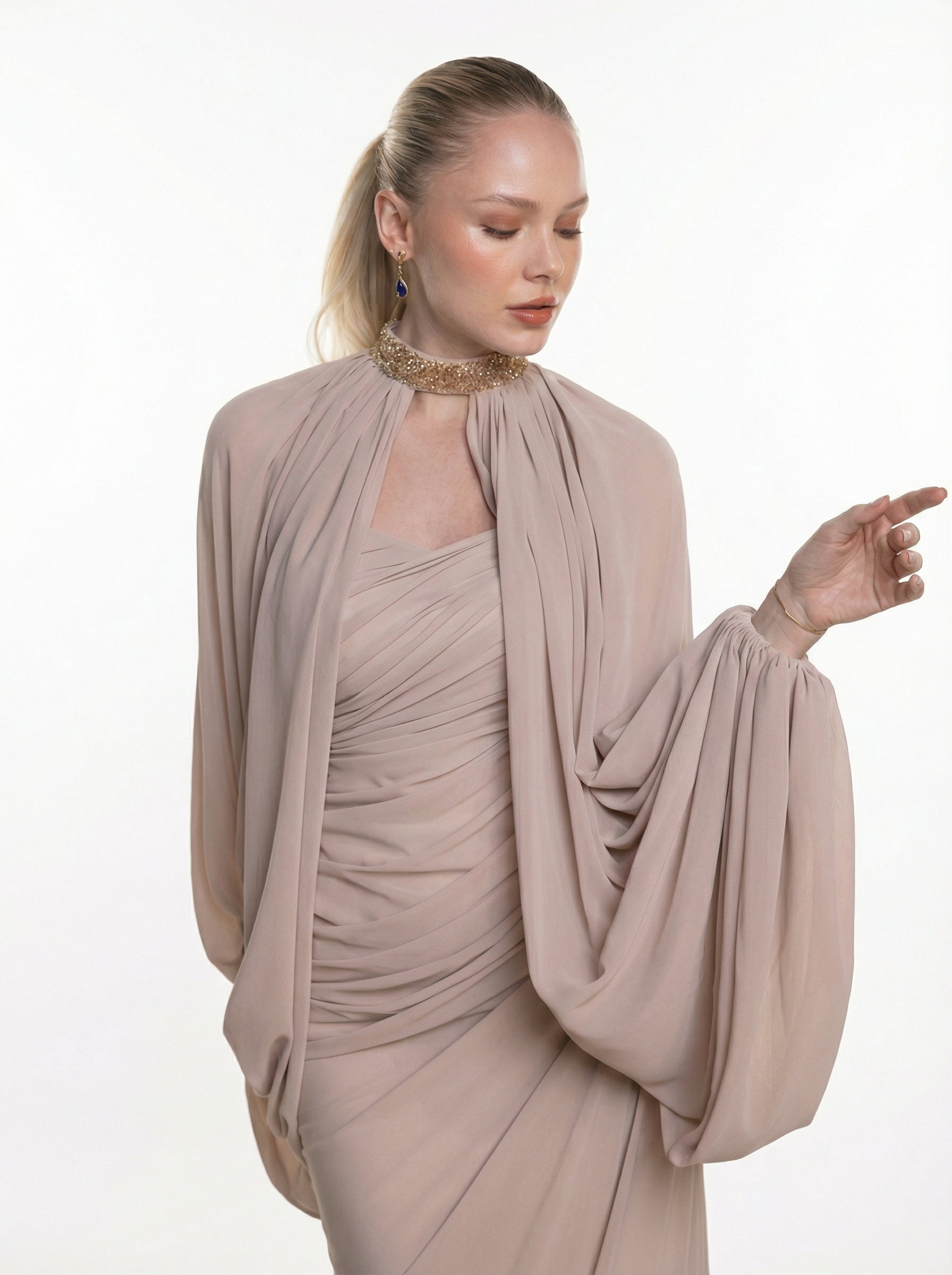 Elora Beige Two Piece Gown back by MOOEi — Luxury Evening Wear Dubai