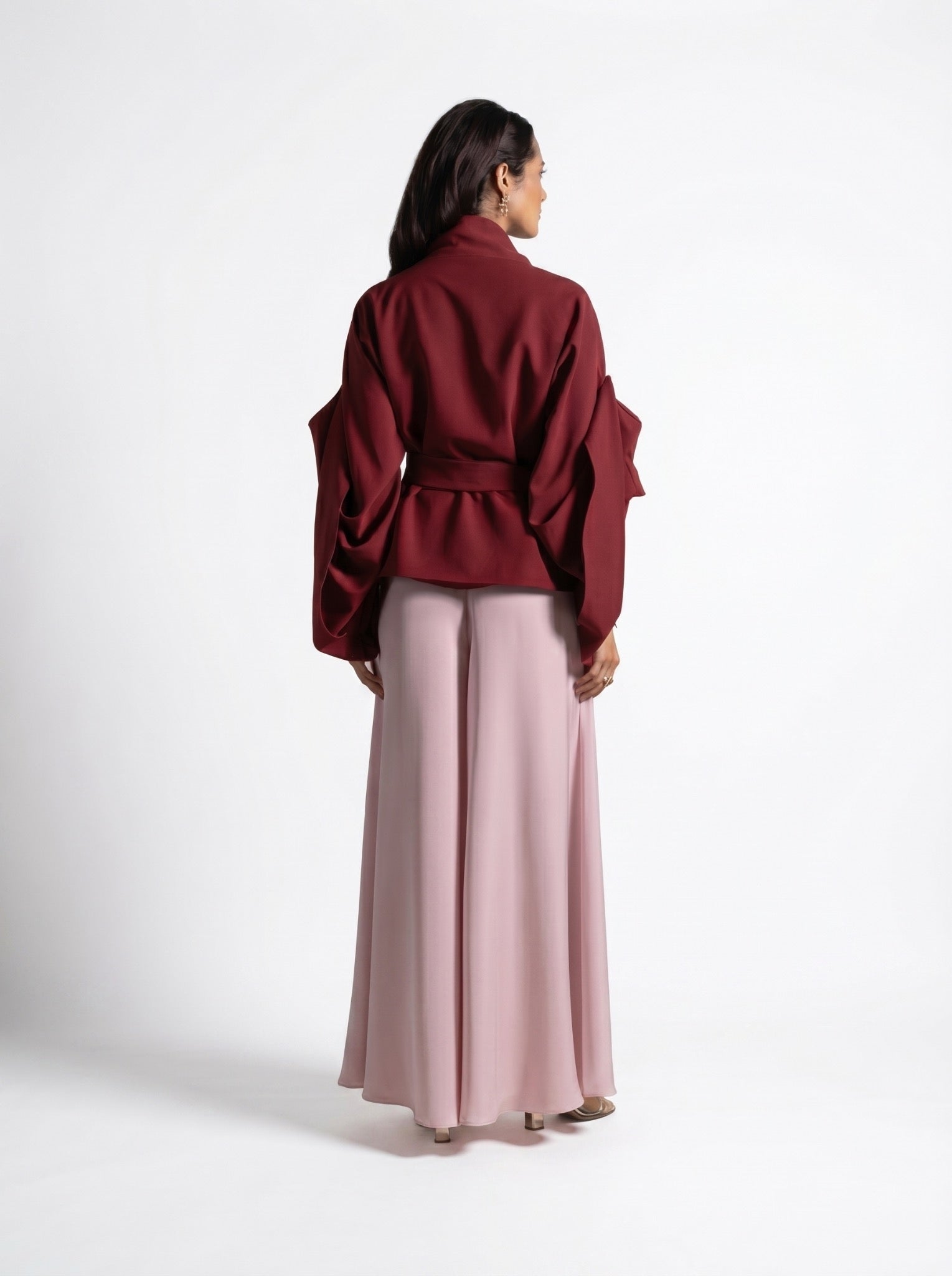 Zaria Maroon Wrap Top Blush Wide Leg Trouser Set
