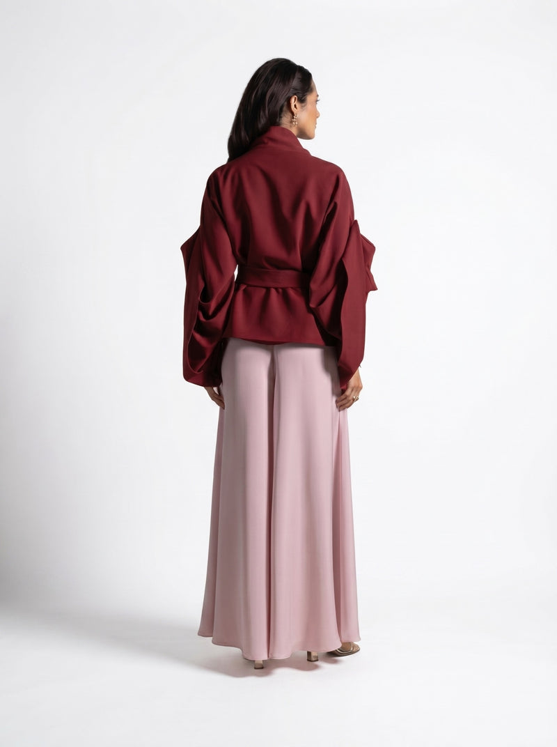 Zaria Maroon Wrap Top Blush Wide Leg Trouser Set