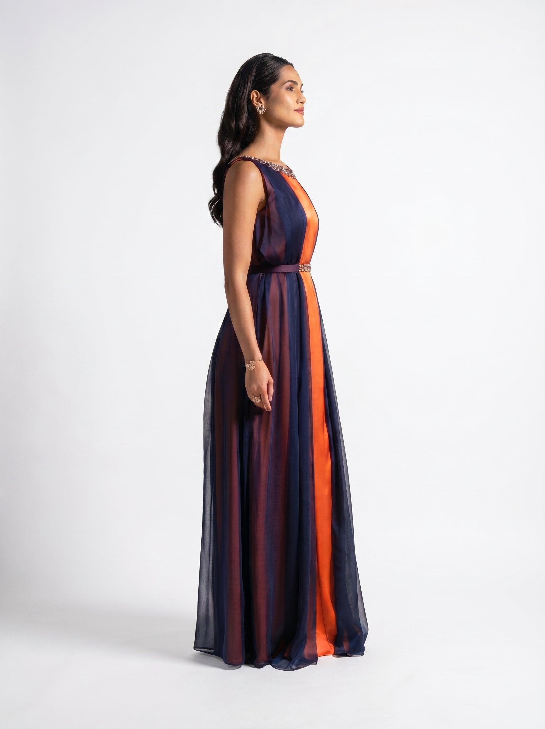 Irene Navy Blue Tangerine Chiffon Gown | MOOEi