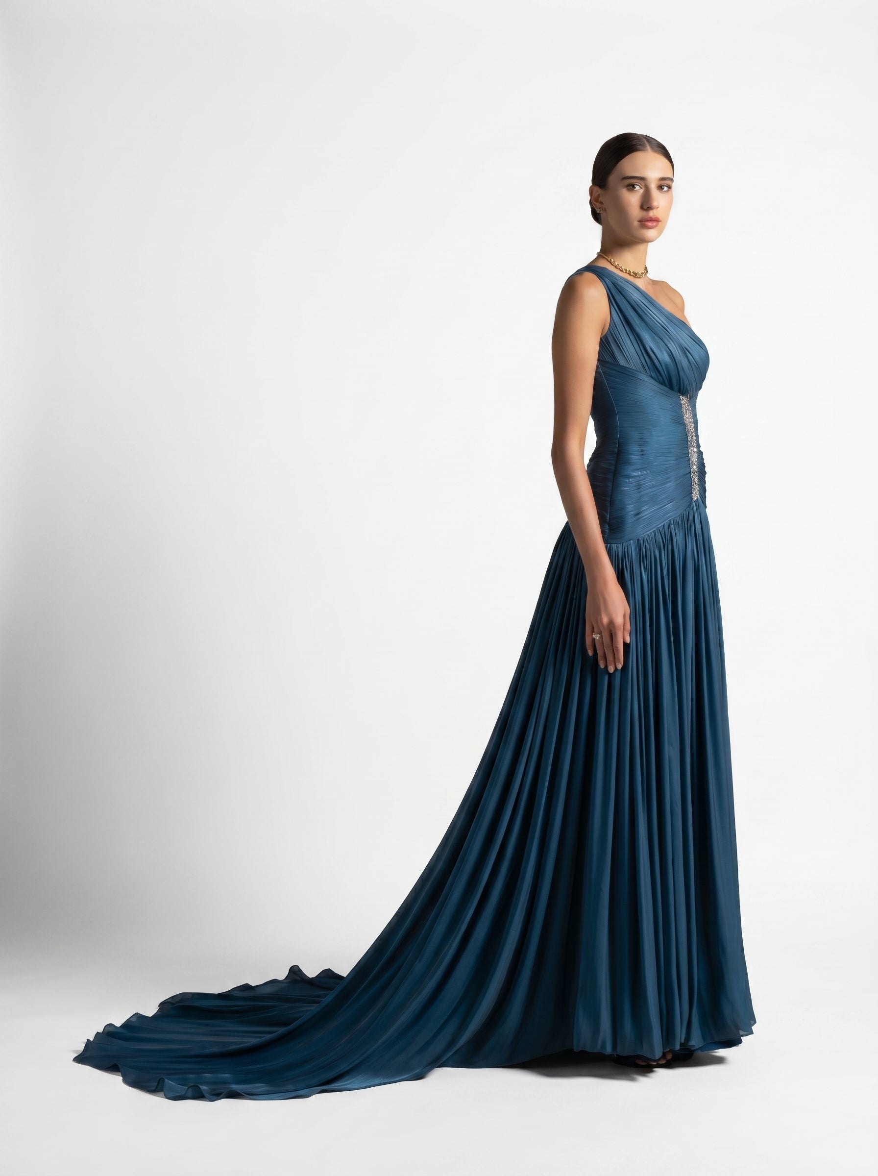 Layali Turquoise One Shoulder Ruched Embellished Couture Gown