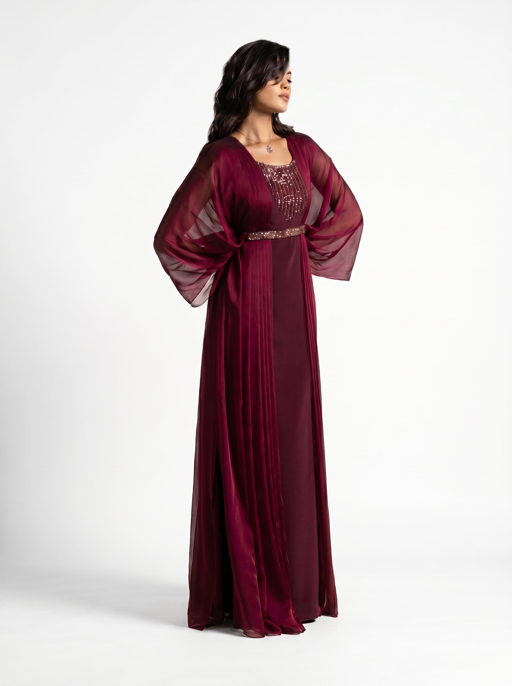 Burgaya Maroon Chiffon Pleated Beaded Gown