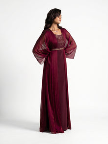 Burgaya Maroon Chiffon Pleated Beaded Gown