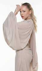 Elora Beige Crepe Gown fabric detail by MOOEi — Luxury Evening Wear Dubai