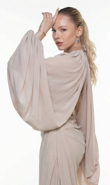 Elora Beige Crepe Gown fabric detail by MOOEi — Luxury Evening Wear Dubai