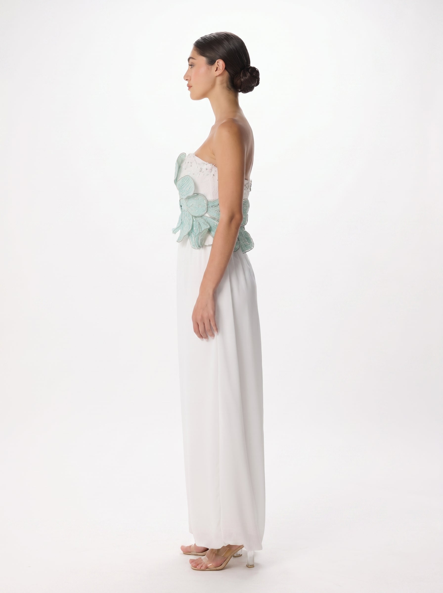 Bolide Mint White Bustier Palazzo Pant Chiffon Set