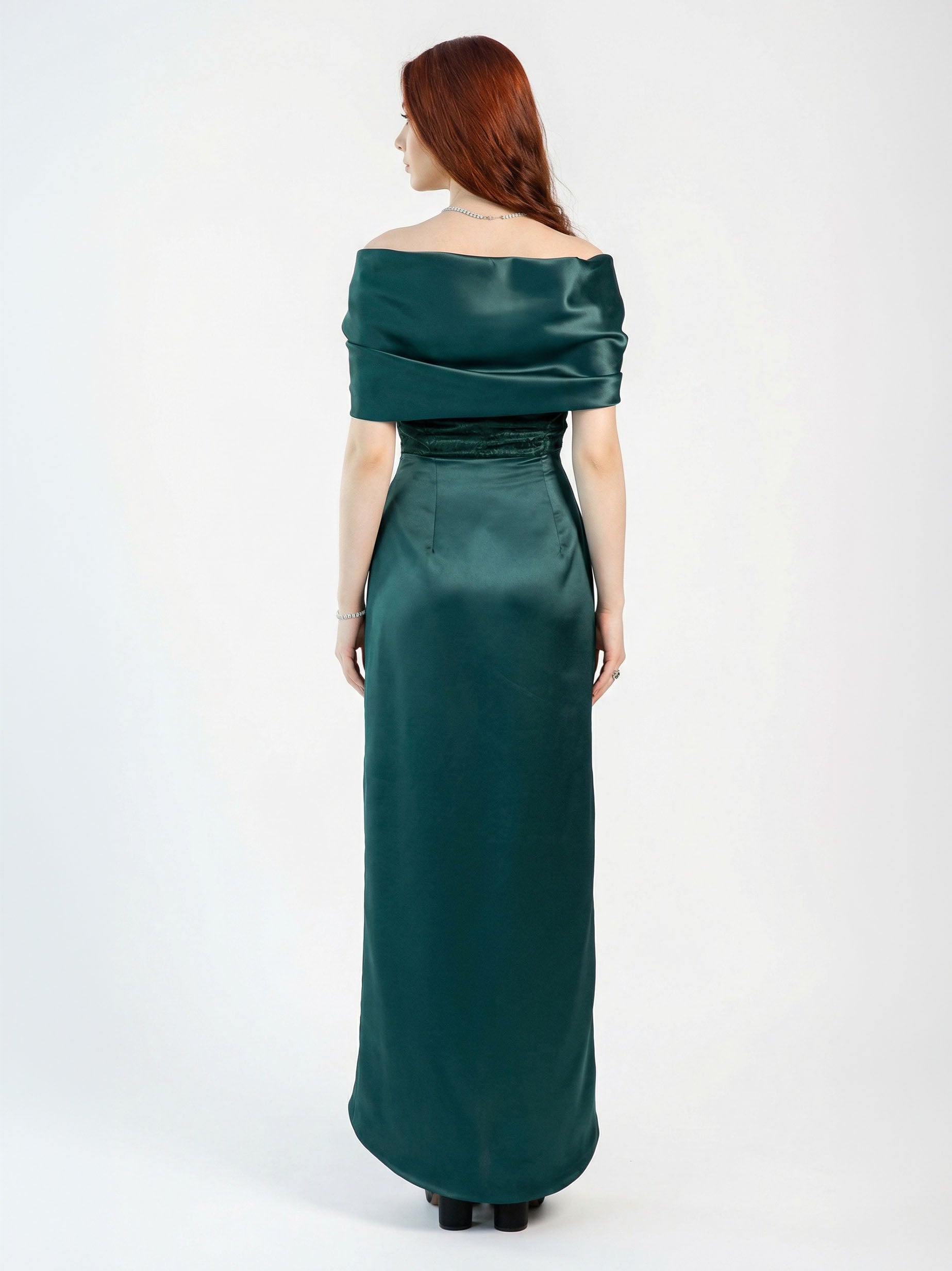 Maia Emerald Bridal Satin Corset Gown side view by MOOEi — Luxury Evening Wear Dubai