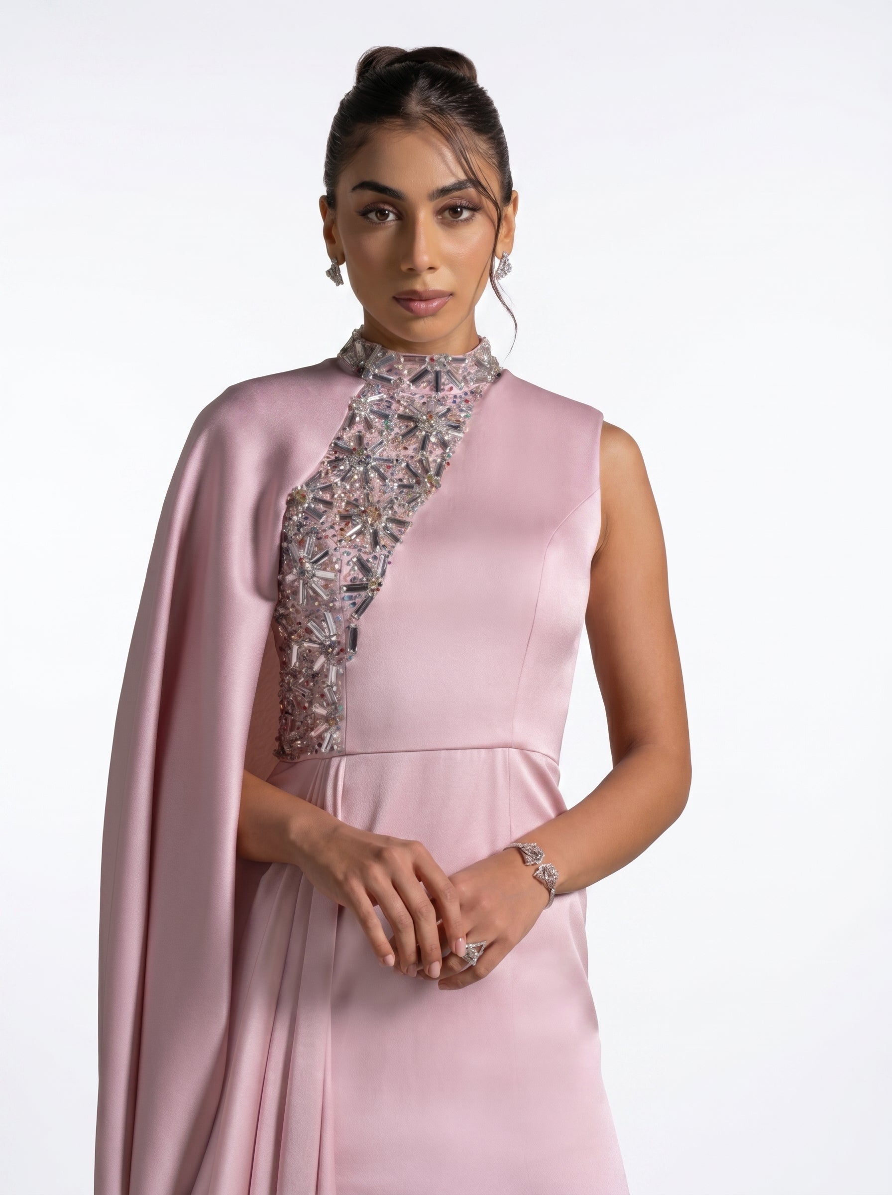 Aaliyah Pink Quartz Cape Gown fabric detail by MOOEi — Luxury Evening Wear Dubai
