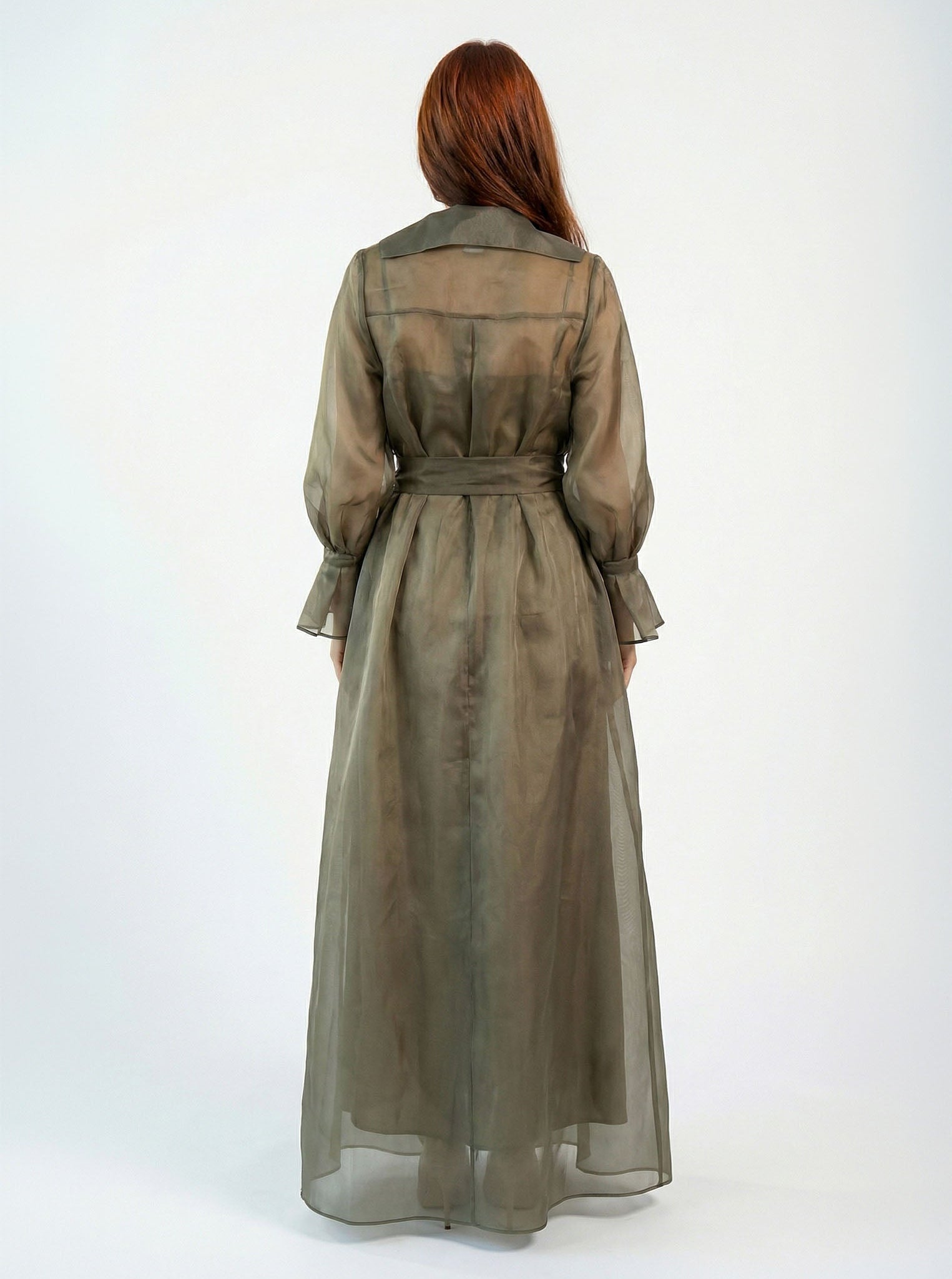 Ember Grey Organza Balloon Sleeve Gown side view by MOOEi — Luxury Evening Wear Dubai