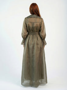 Ember Grey Organza Balloon Sleeve Gown side view by MOOEi — Luxury Evening Wear Dubai
