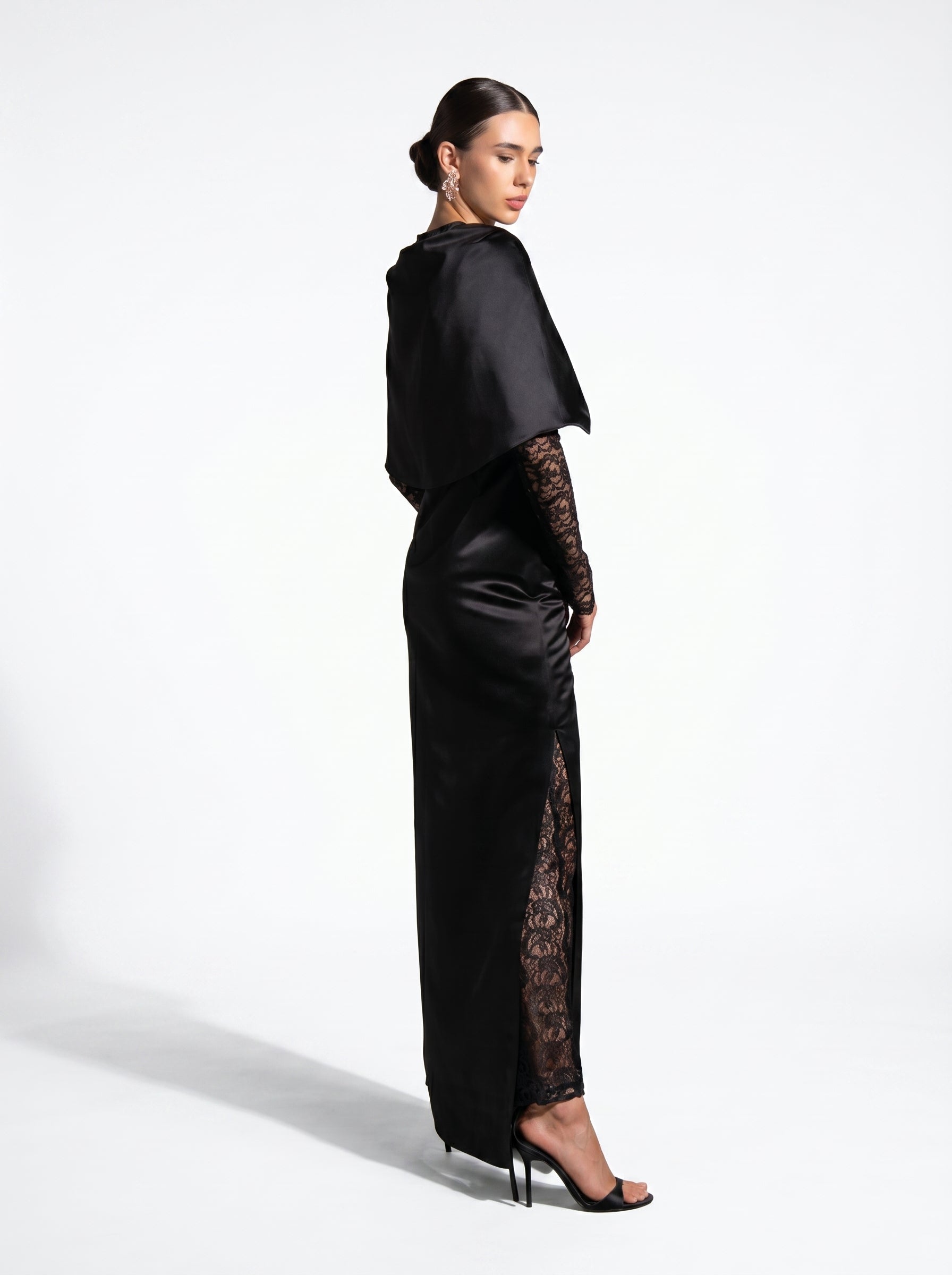 Eterna Black Satin French Lace Wrap Gown