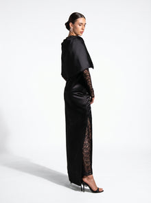 Eterna Black Satin French Lace Wrap Gown