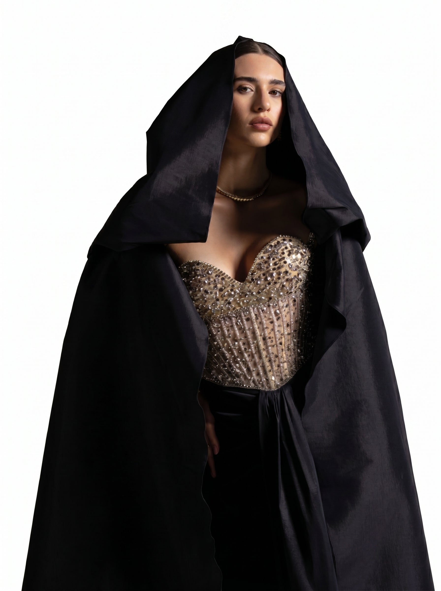 Marguerite Black Beaded Corset Bodice Draped Skirt Couture Gown