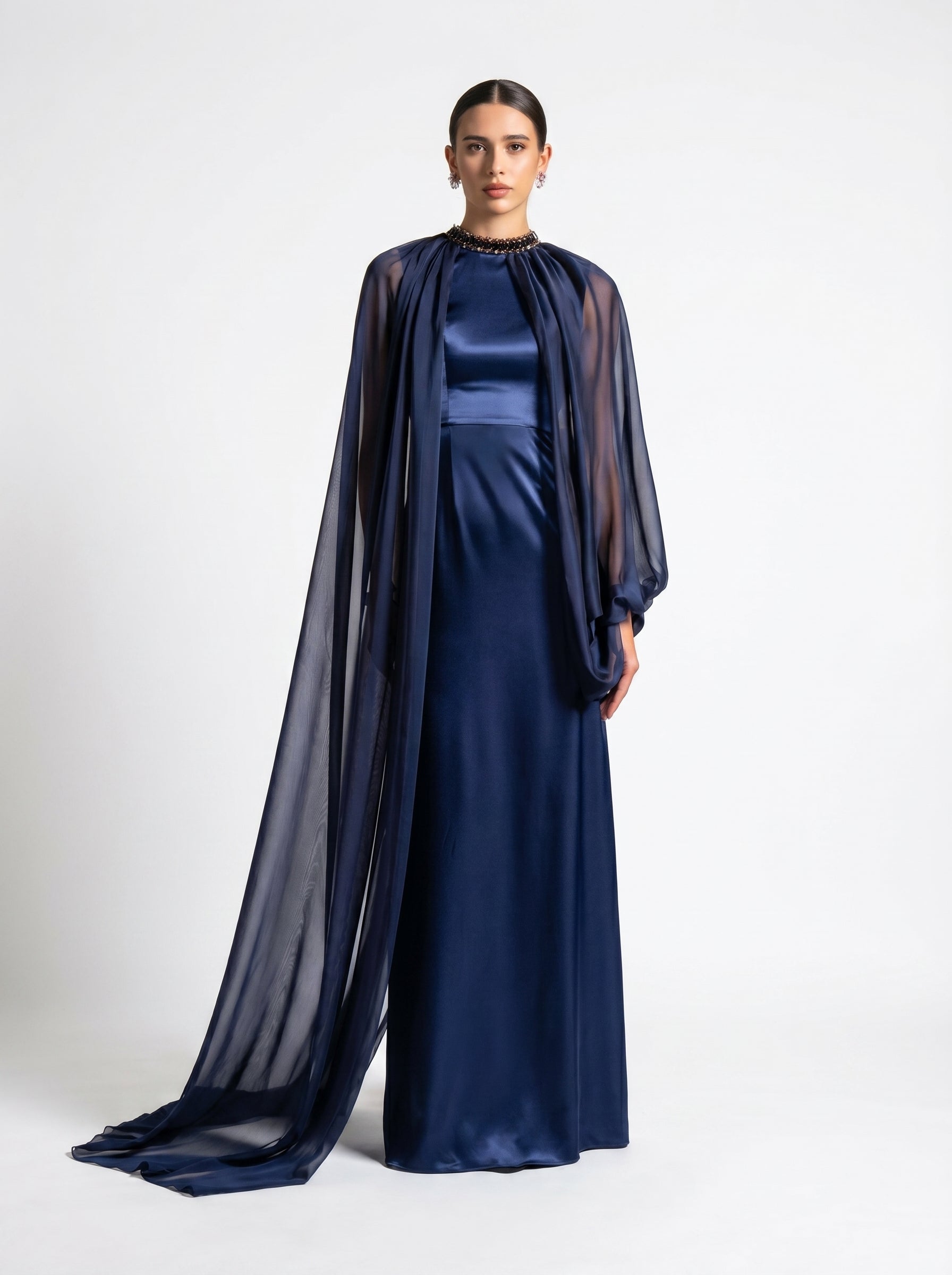 Daryan Royal Blue Satin Chiffon Cape Gown