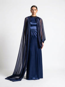 Daryan Royal Blue Satin Chiffon Cape Gown