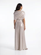 Amalia Silver Draped Asymmetric Set side view by MOOEi — Luxury Evening Wear Dubai