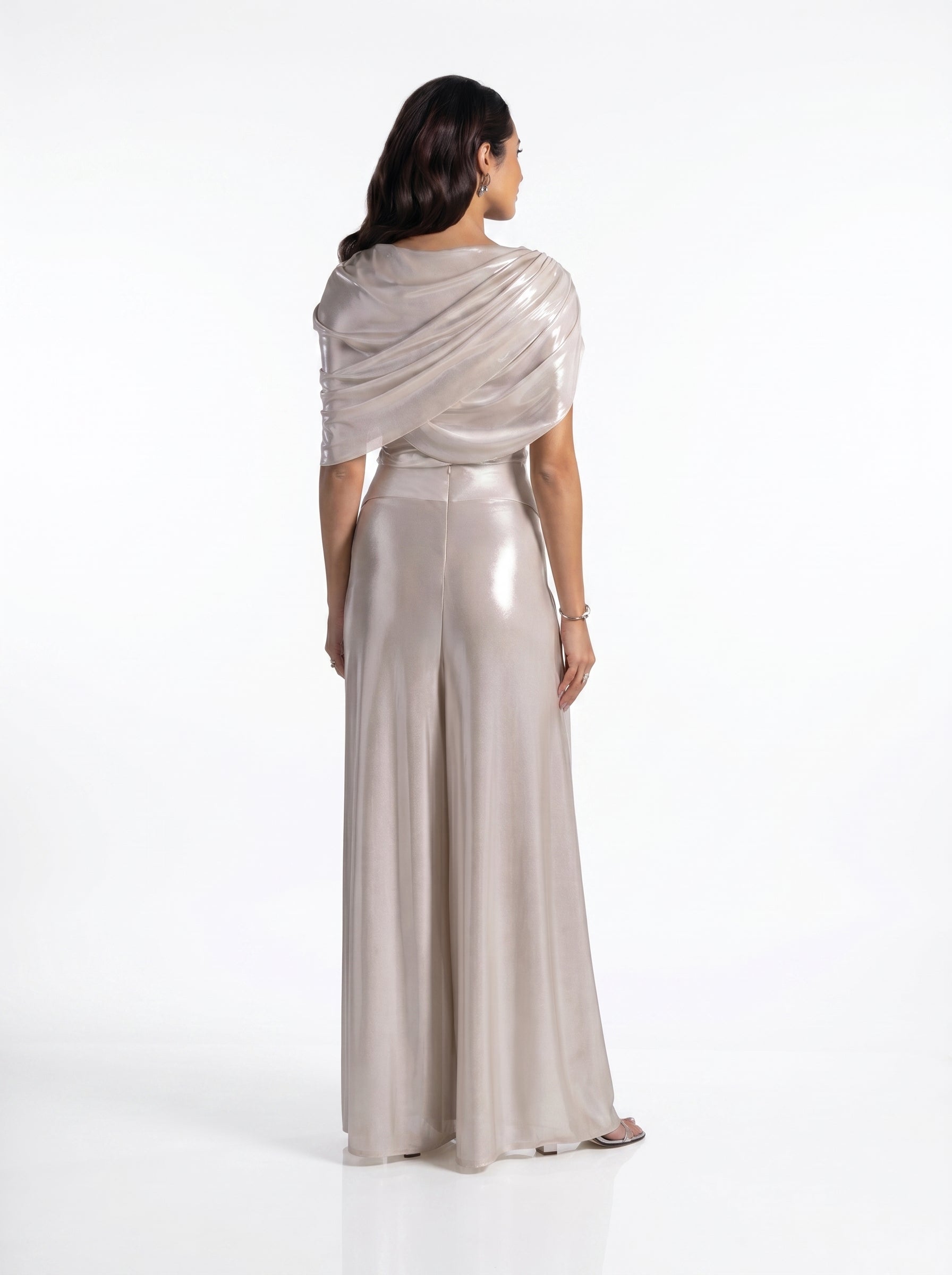 Amalia Silver Draped Asymmetric Set side view by MOOEi — Luxury Evening Wear Dubai