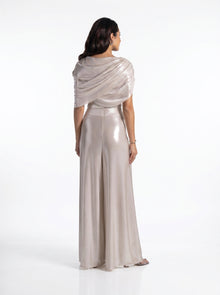 Amalia Silver Draped Asymmetric Set side view by MOOEi — Luxury Evening Wear Dubai