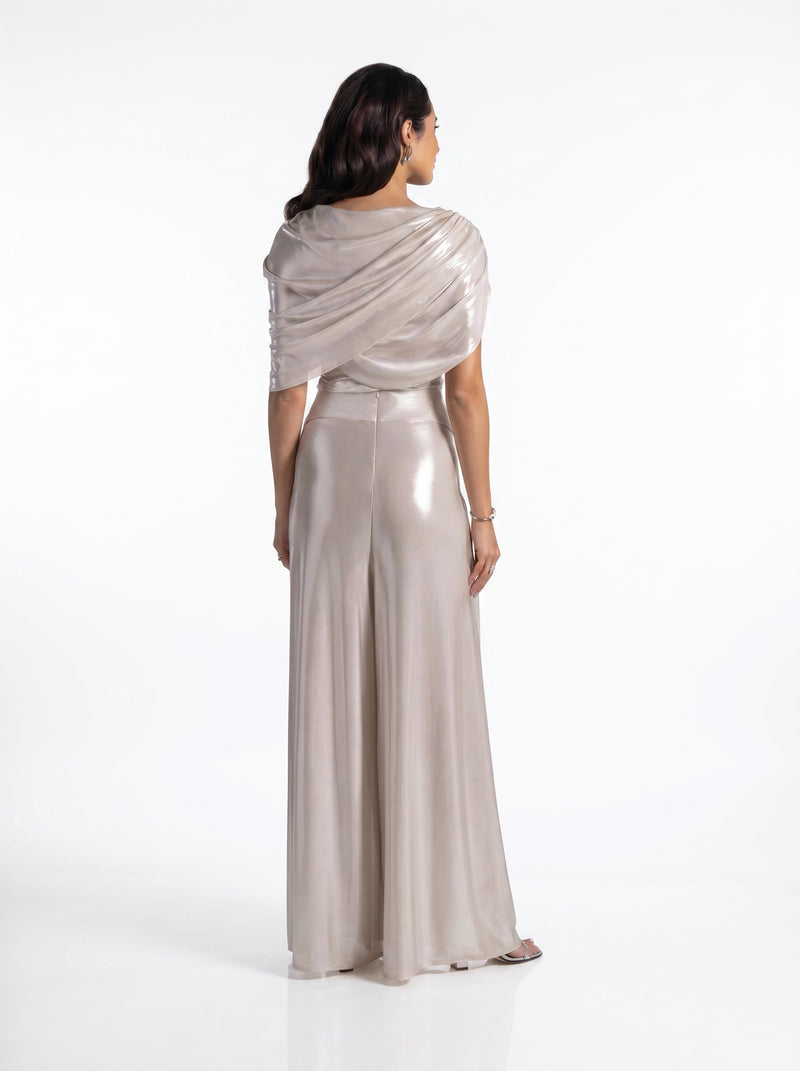 Amalia Silver Draped Asymmetric Set side view by MOOEi — Luxury Evening Wear Dubai
