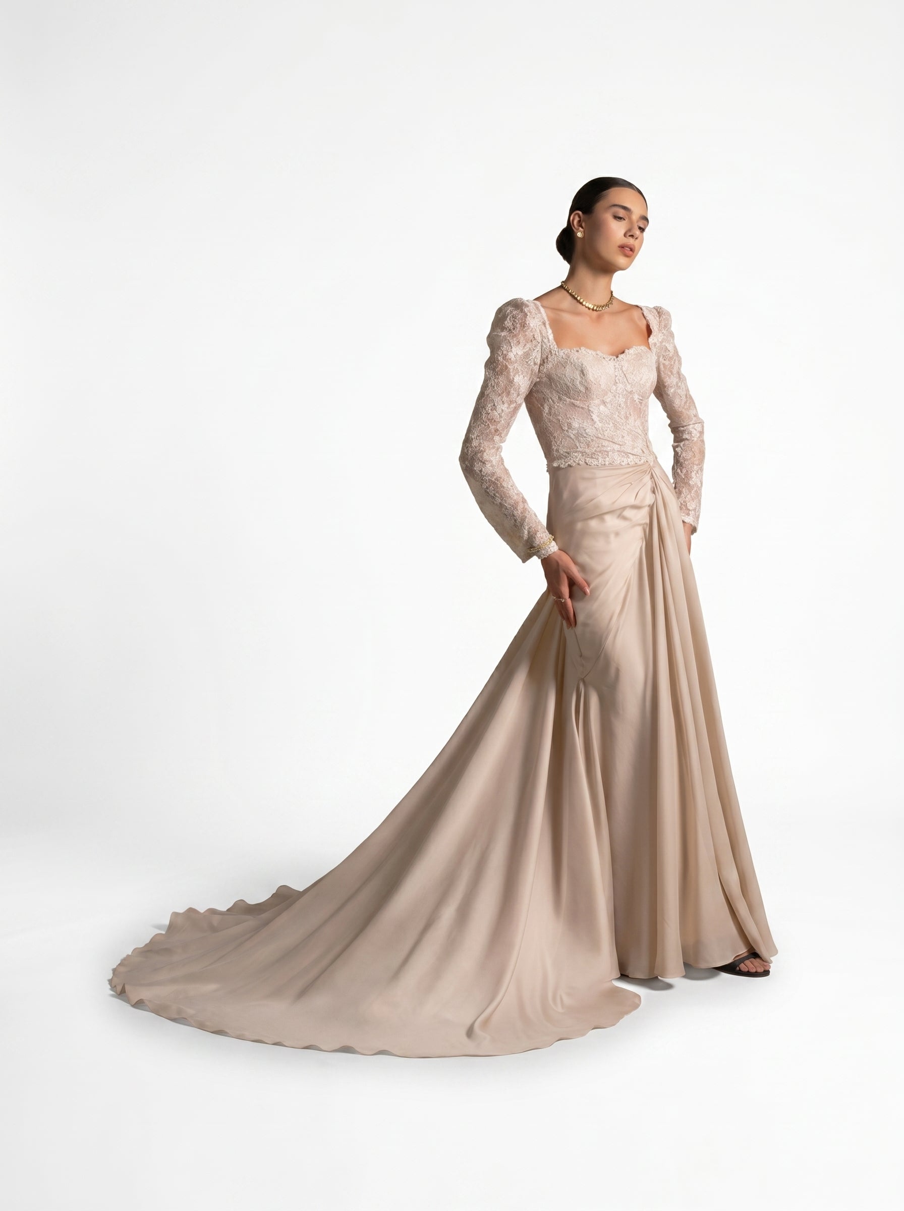 Evania Beige Lace Bodice Long Sleeve Draped Chiffon Gown