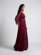 Burgaya Maroon Chiffon Pleated Beaded Gown