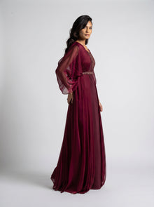 Burgaya Maroon Chiffon Pleated Beaded Gown