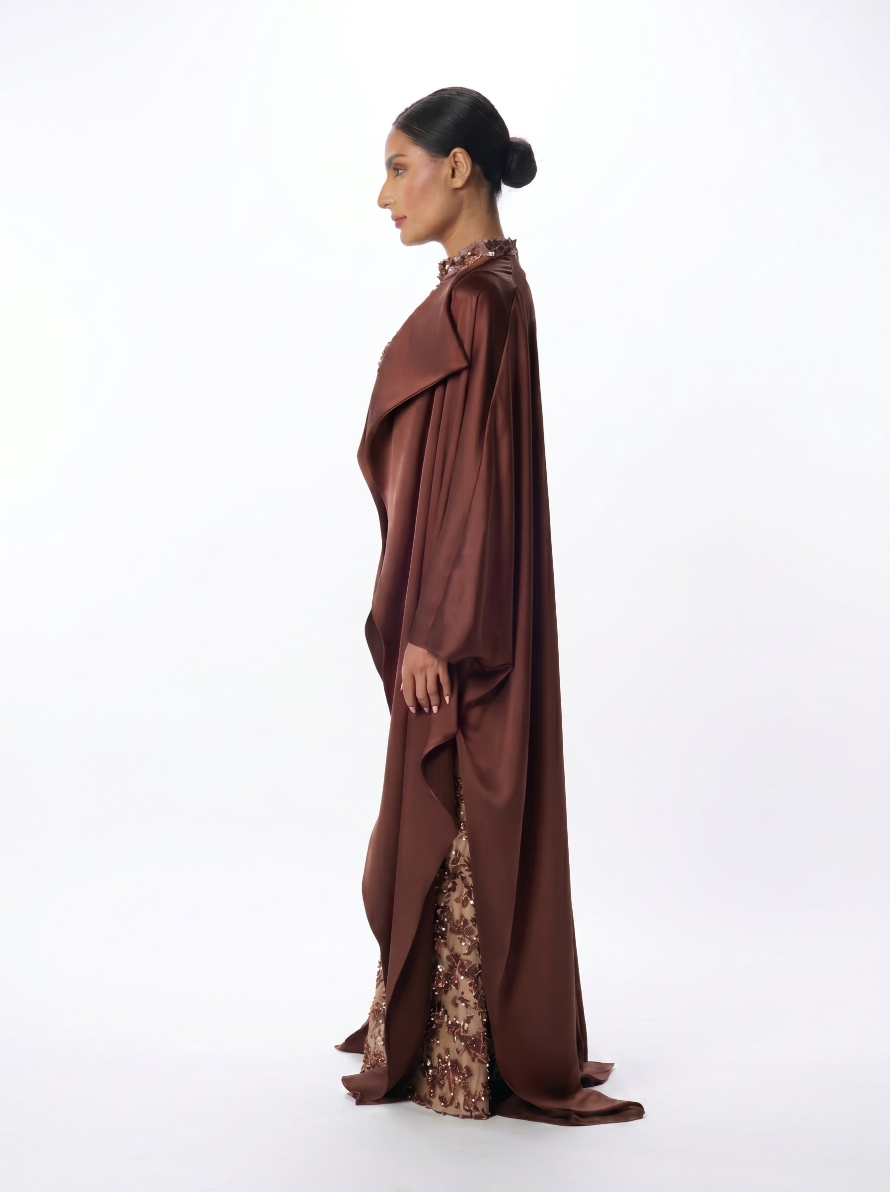 Sultana Chocolate Sequin Lace Column Gown with Cape