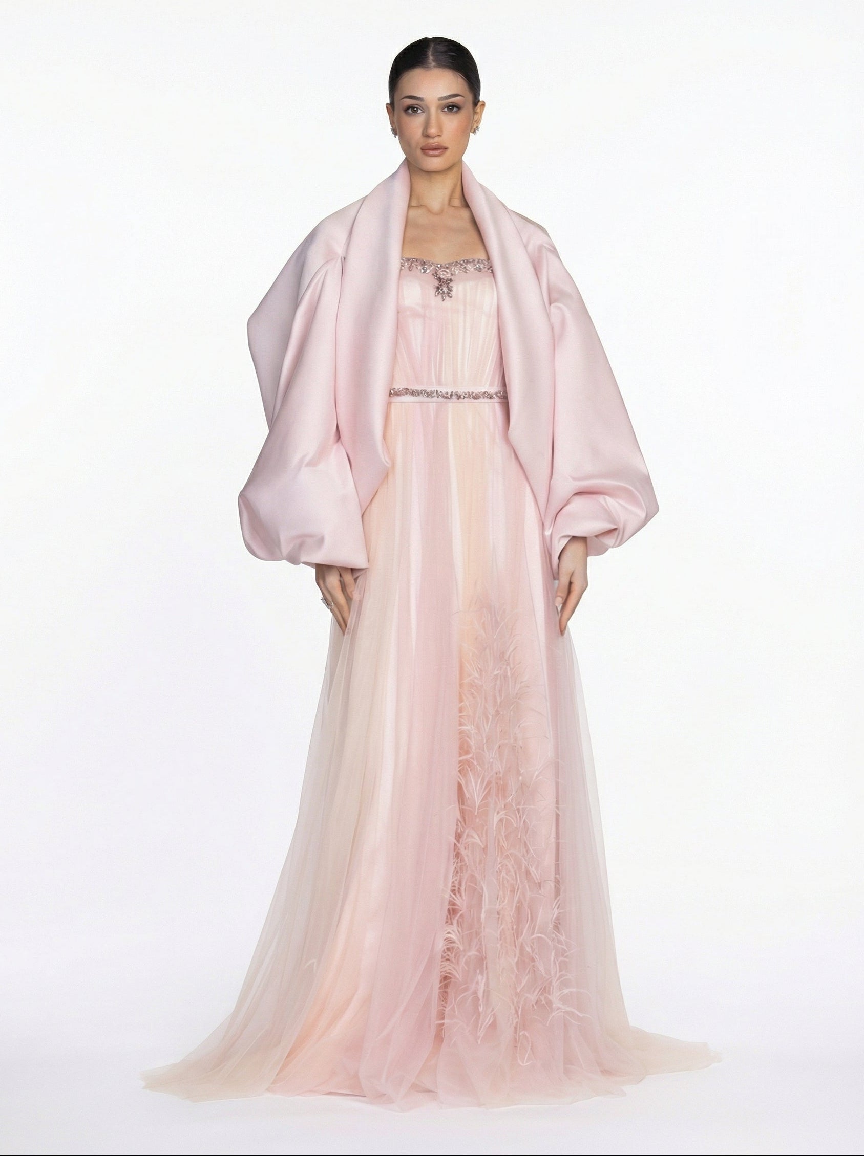 Miss Waad Soft Blush Champagne Two Tone Tulle Cape Embellished Gown by MOOEi — Luxury Evening Wear Dubai