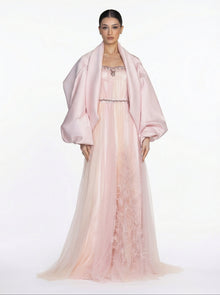 Miss Waad Soft Blush Champagne Two Tone Tulle Cape Embellished Gown by MOOEi — Luxury Evening Wear Dubai