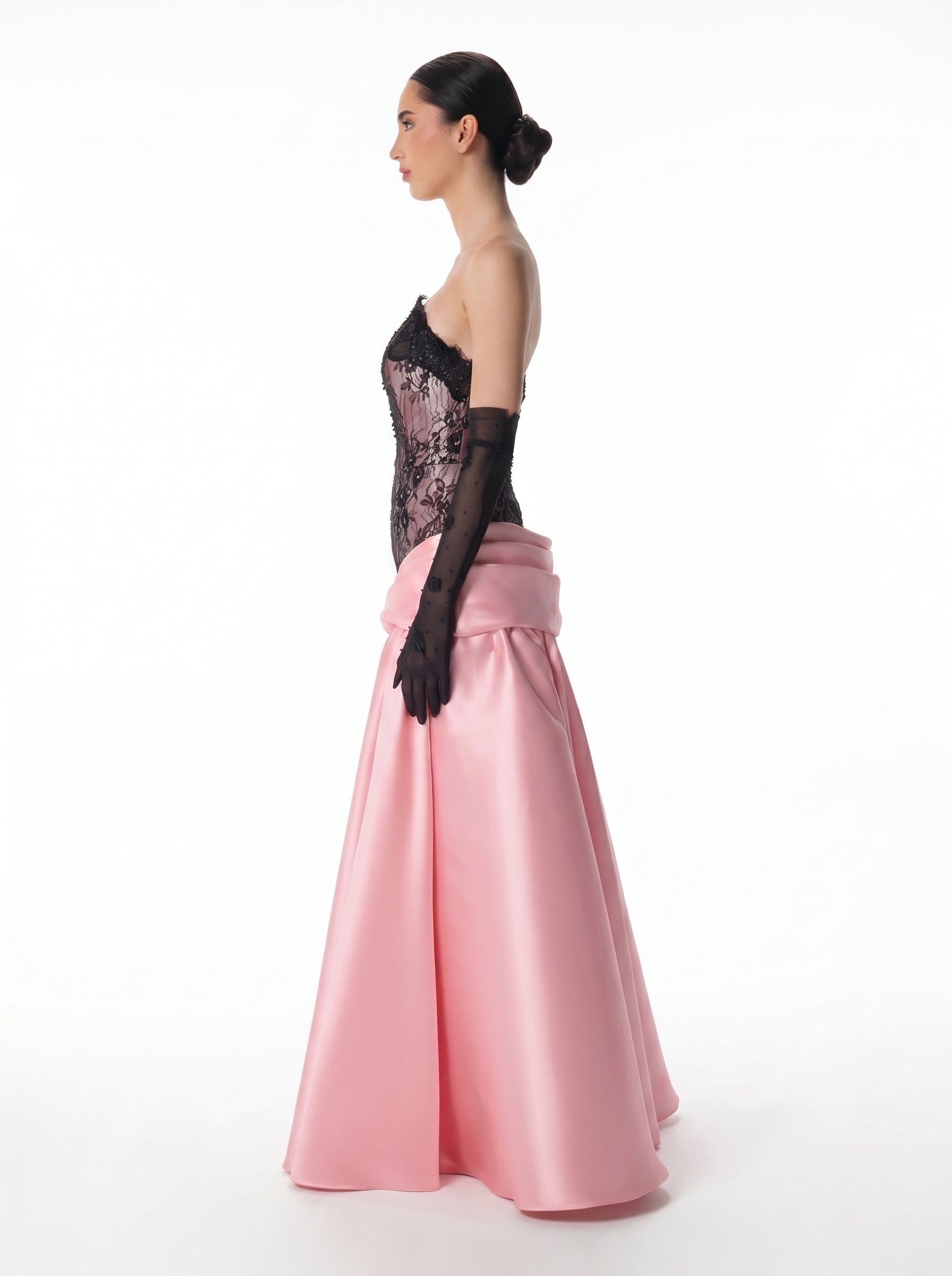Pigalle Pink Black Mikado Lace Corset Ball Gown