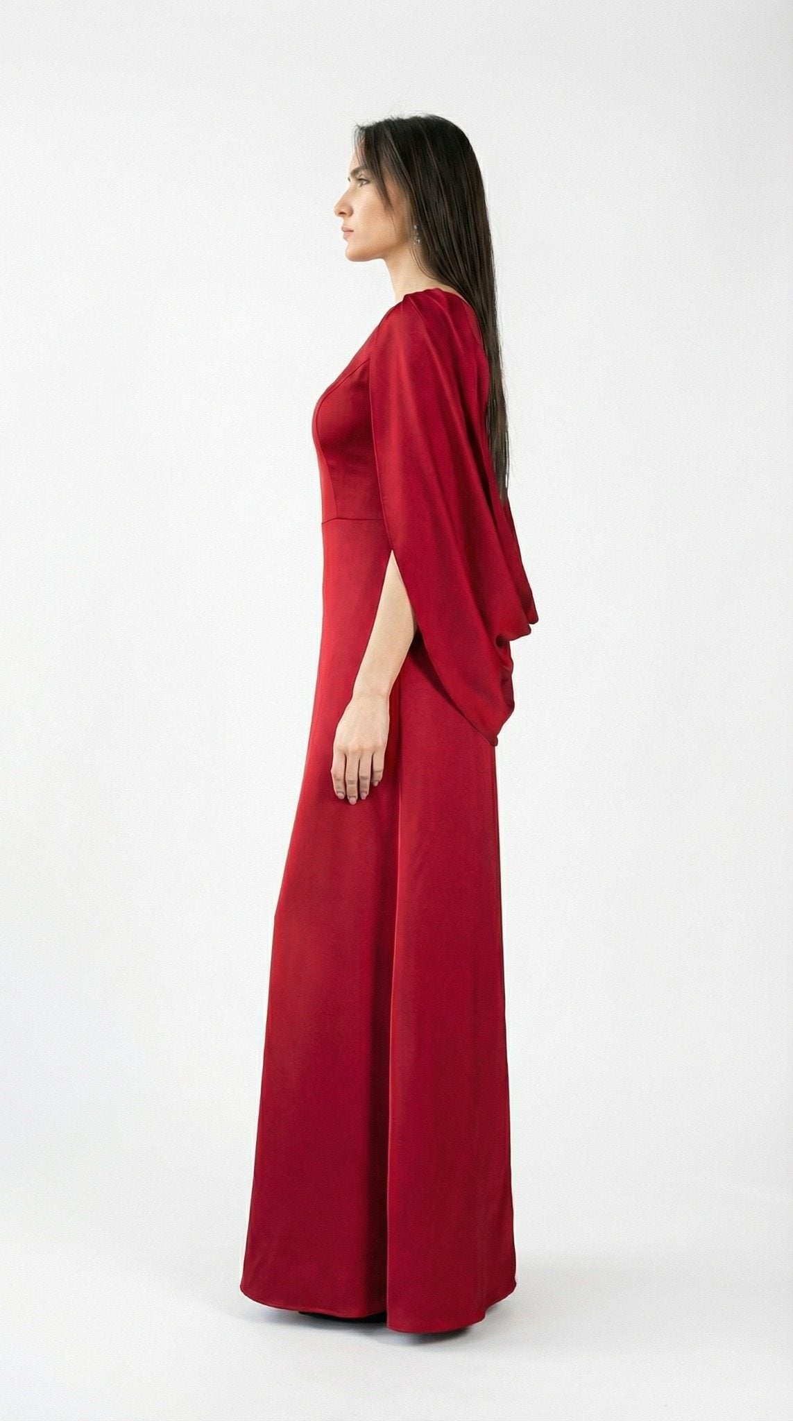 Ananta Red Floor Length Cape Gown detail by MOOEi — Luxury Evening Wear Dubai