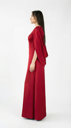 Ananta Red Floor Length Cape Gown detail by MOOEi — Luxury Evening Wear Dubai