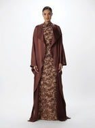 Sultana Chocolate Sequin Lace Column Gown with Cape