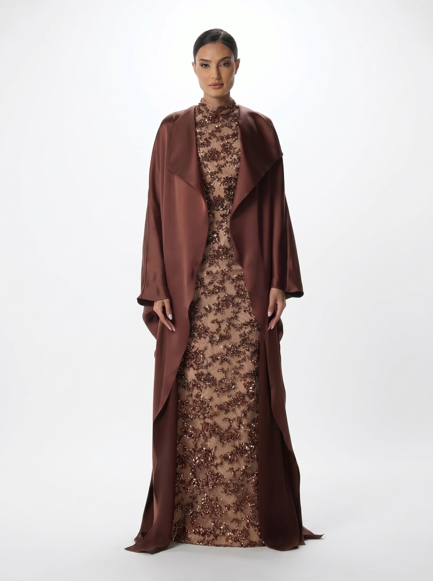 Sultana Chocolate Sequin Lace Column Gown with Cape