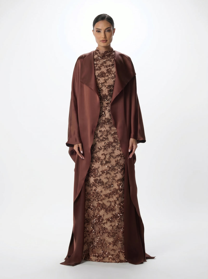 Sultana Chocolate Sequin Lace Column Gown with Cape