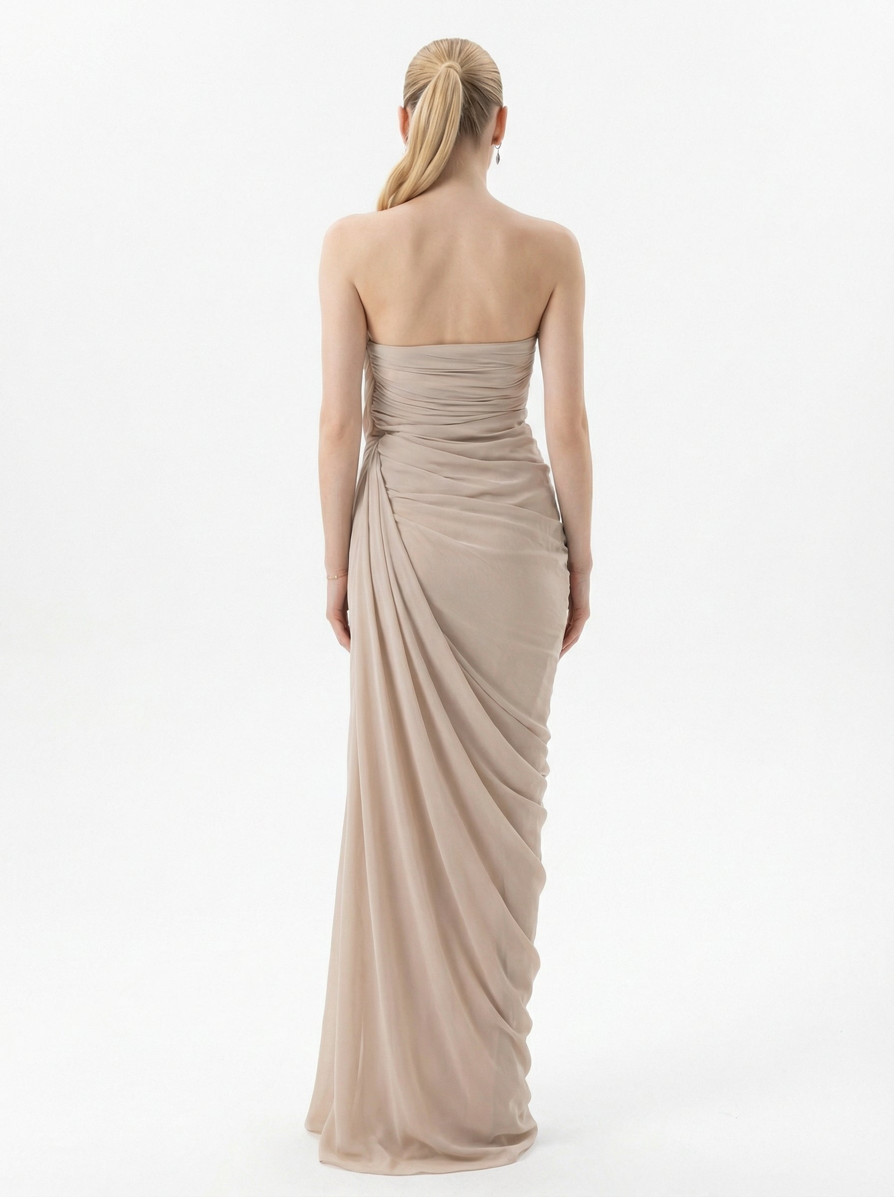Elora Beige Two Piece Crepe Gown side view by MOOEi — Luxury Evening Wear Dubai