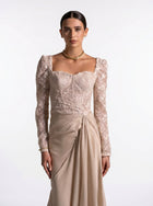 Evania Beige Lace Bodice Long Sleeve Draped Chiffon Gown