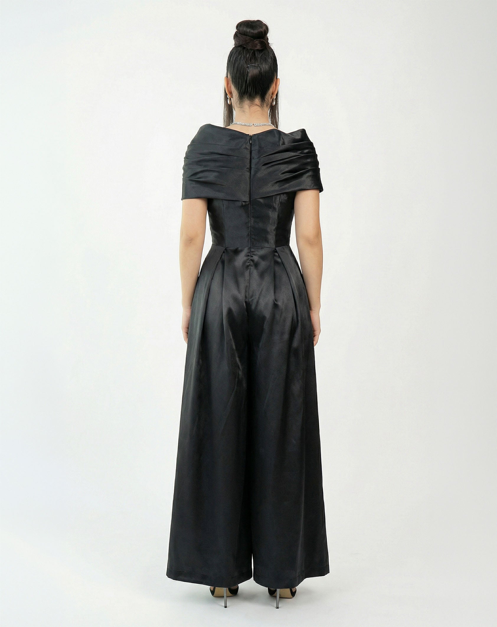 Nola Black Satin Draped Jumpsuit side view by MOOEi — Luxury Evening Wear Dubai
