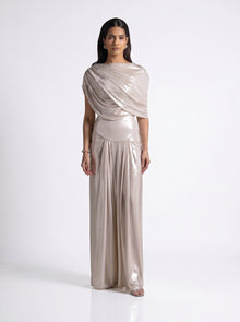 Amalia Silver Draped Asymmetric Gown Set by MOOEi — Luxury Evening Wear Dubai