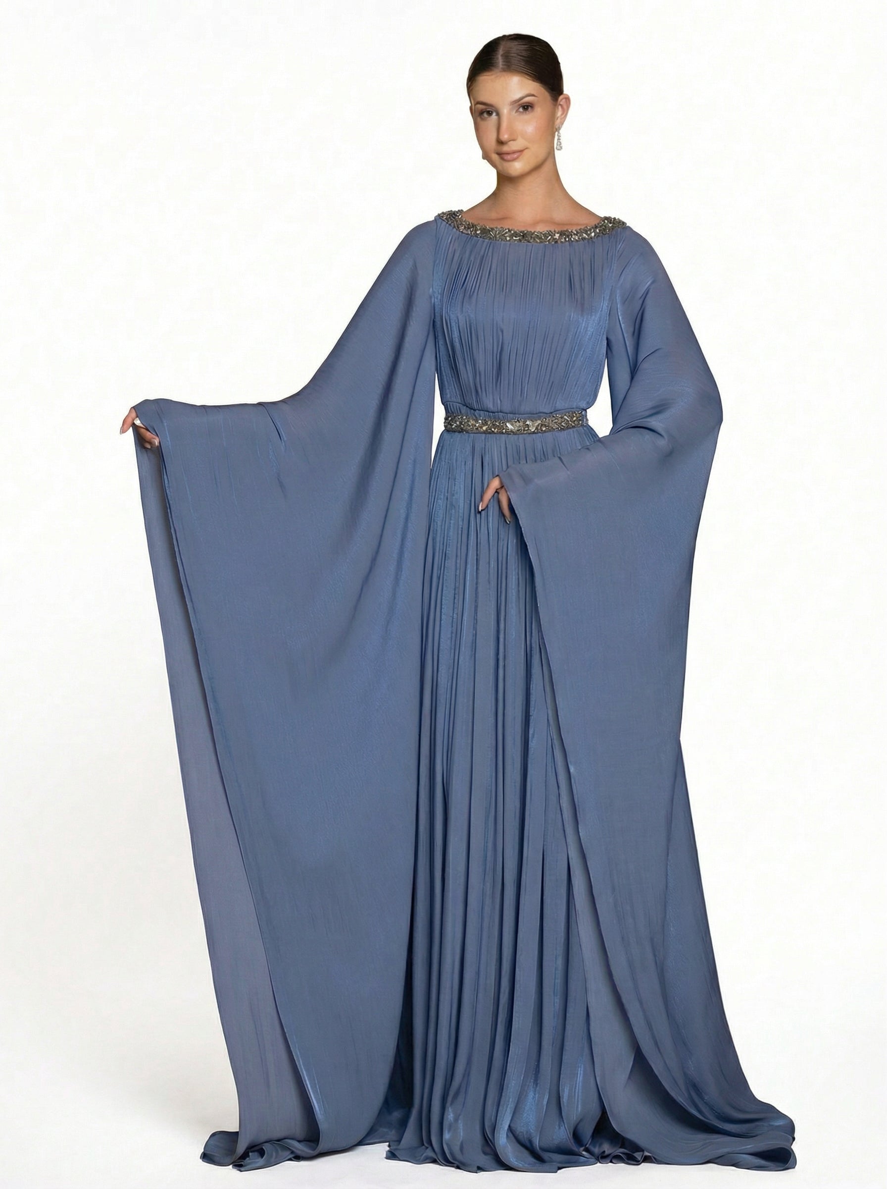 Bloom Muted Blue Embellished Gown back by MOOEi — Luxury Evening Wear Dubai