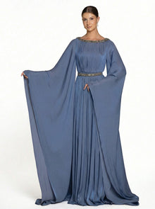 Bloom Muted Blue Embellished Gown back by MOOEi — Luxury Evening Wear Dubai