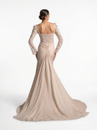 Evania Beige Lace Bodice Long Sleeve Draped Chiffon Gown