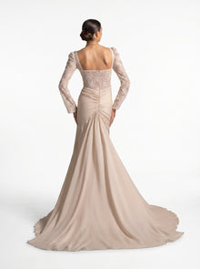 Evania Beige Lace Bodice Long Sleeve Draped Chiffon Gown
