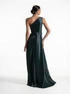 Blanche Emerald Satin Gown close up by MOOEi — Luxury Evening Wear Dubai