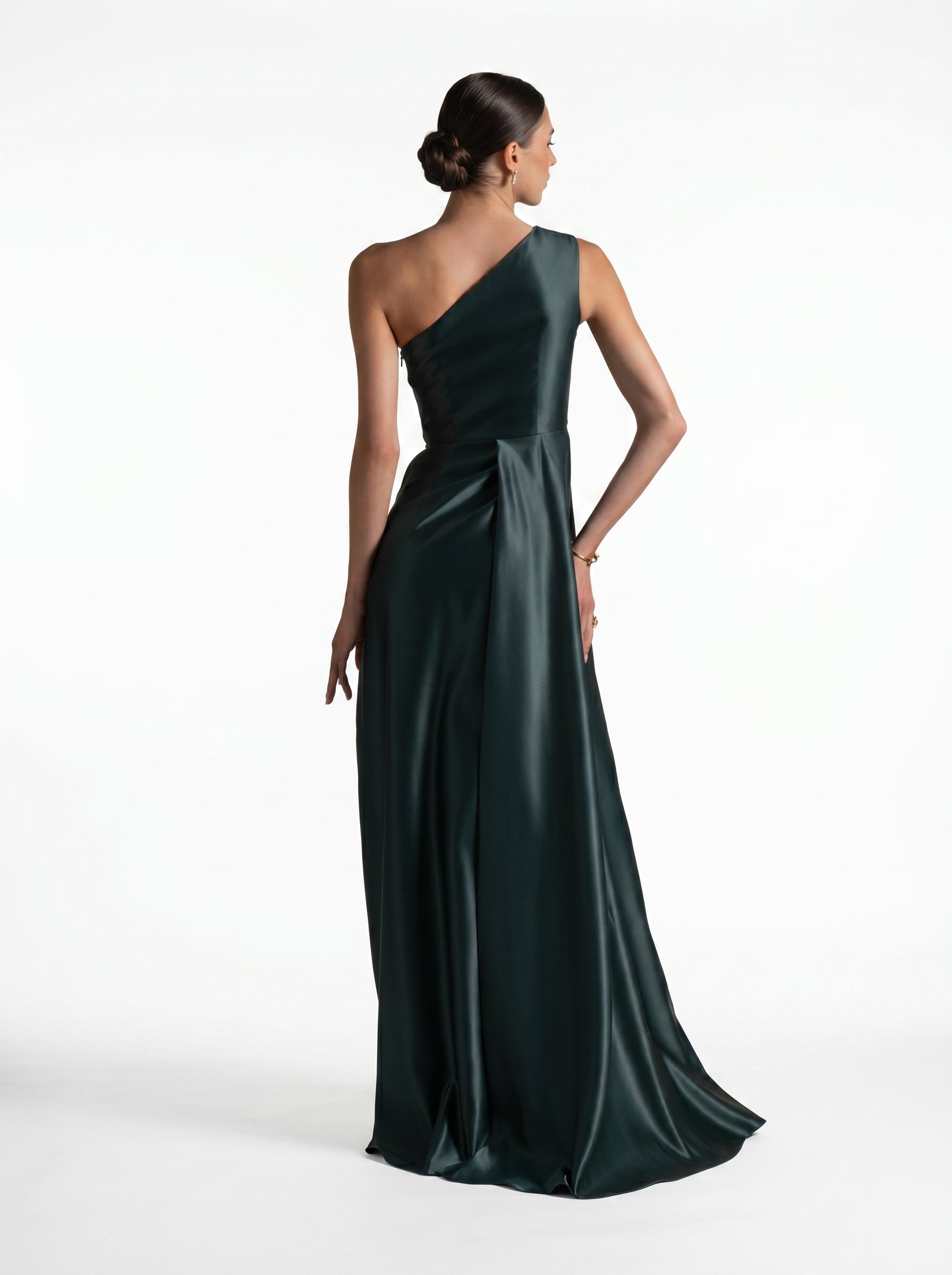 Blanche Emerald Satin Gown close up by MOOEi — Luxury Evening Wear Dubai