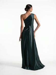 Blanche Emerald Satin Gown close up by MOOEi — Luxury Evening Wear Dubai
