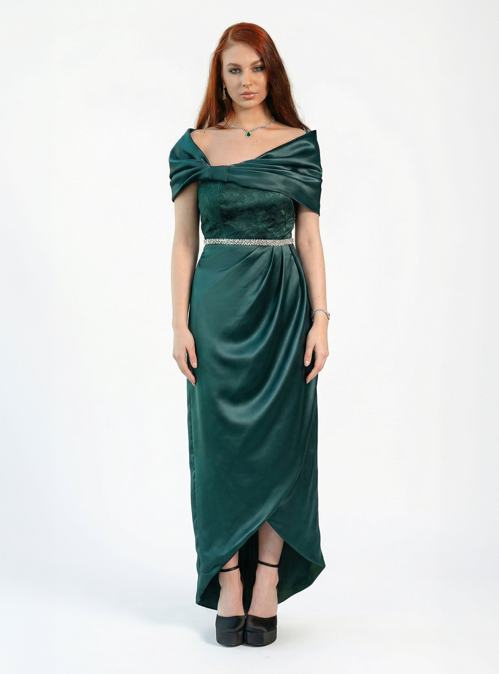 Maia Emerald Green Bridal Satin Lace Corset Off Shoulder Crystal Embellished Gown by MOOEi — Luxury Evening Wear Dubai