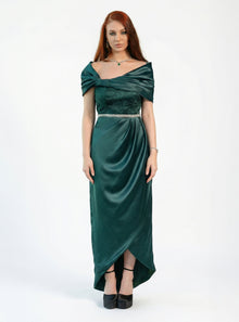 Maia Emerald Green Bridal Satin Lace Corset Off Shoulder Crystal Embellished Gown by MOOEi — Luxury Evening Wear Dubai