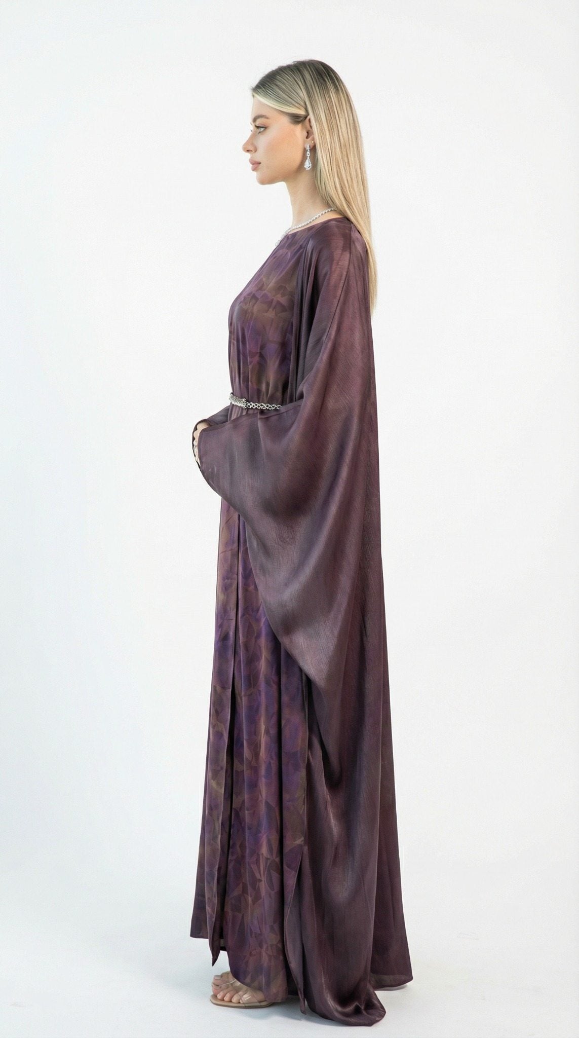 Asha Plum Abstract Print Set detail by MOOEi — Luxury Evening Wear Dubai